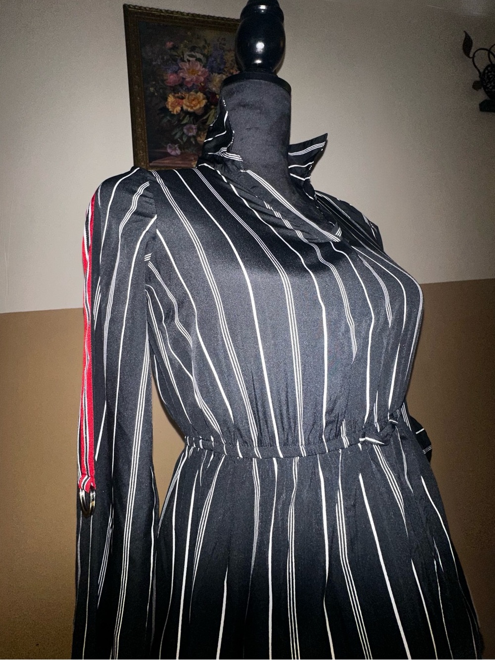 Women's Black Pinstripe Long Sleeve Dress with Red Accent